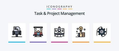 la línea de gestión de tareas y proyectos llenó el paquete de 5 iconos, incluida la configuración. engranaje . puesta en marcha. configuración engranaje. diseño de iconos creativos vector