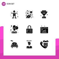 Set of 9 Modern UI Icons Symbols Signs for lock time eco office success Editable Vector Design Elements