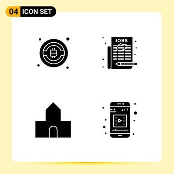 Group of 4 Modern Solid Glyphs Set for bitcoin chapel employment select job mobile app Editable Vector Design Elements