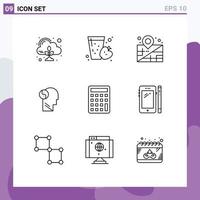 Modern Set of 9 Outlines and symbols such as education calculator location mind brian Editable Vector Design Elements