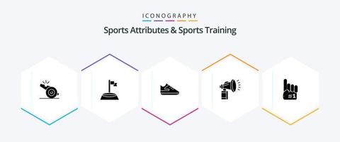 Sports Atributes And Sports Training 25 Glyph icon pack including finger. horn. exercise. fan. attribute vector