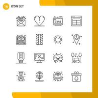 User Interface Pack of 16 Basic Outlines of management website computer clock text interface Editable Vector Design Elements