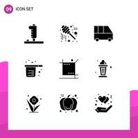 Mobile Interface Solid Glyph Set of 9 Pictograms of crop cups delivery van cooking baking Editable Vector Design Elements