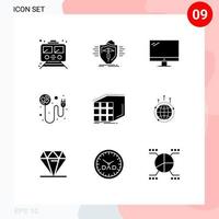 Set of 9 Vector Solid Glyphs on Grid for recharge heart protection pc device Editable Vector Design Elements