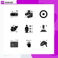 9 User Interface Solid Glyph Pack of modern Signs and Symbols of professional employee user checklist care Editable Vector Design Elements