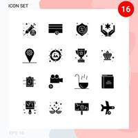 Set of 16 Vector Solid Glyphs on Grid for map business security flower hand Editable Vector Design Elements