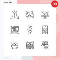9 iconos creativos signos y símbolos modernos de elementos de diseño de vector editables de secuencia de comandos de ubicación de monitor de pin de vacaciones