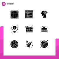 Group of 9 Solid Glyphs Signs and Symbols for lighting eco website bulb gear Editable Vector Design Elements