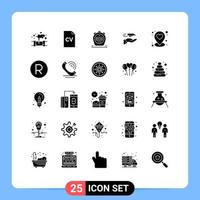 Group of 25 Solid Glyphs Signs and Symbols for location receive timer plane mail Editable Vector Design Elements