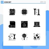 9 Universal Solid Glyph Signs Symbols of browser hardware construction devices card Editable Vector Design Elements