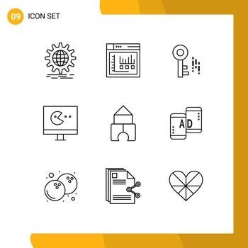 Set of 9 Vector Outlines on Grid for toy building static video game Editable Vector Design Elements