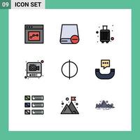 9 User Interface Filledline Flat Color Pack of modern Signs and Symbols of video record hardware photography suitcase Editable Vector Design Elements