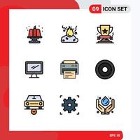 Pack of 9 Modern Filledline Flat Colors Signs and Symbols for Web Print Media such as imac monitor smoke computer medal Editable Vector Design Elements