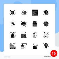 Set of 16 Commercial Solid Glyphs pack for up thinking content open mind head Editable Vector Design Elements