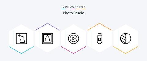 Photo Studio 25 Line icon pack including . photo. play. editing. storage vector