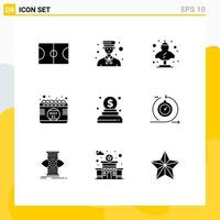 Group of 9 Solid Glyphs Signs and Symbols for charity day ancient date greek Editable Vector Design Elements