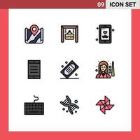 paquete de 9 modernos signos y símbolos de colores planos de línea rellena para medios de impresión web, como entradas de cine, entradas de cine, texto de papá, elementos de diseño de vectores editables móviles