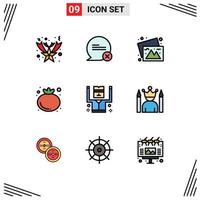 Mobile Interface Filledline Flat Color Set of 9 Pictograms of security criminal photos arrested tomato Editable Vector Design Elements