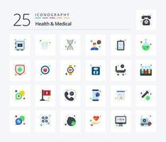 paquete de iconos de 25 colores planos de salud y medicina que incluye registro médico. cuadro hospitalario. ADN salud. consulta vector