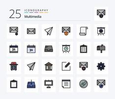 paquete de iconos multimedia de 25 líneas con fecha incluida. video. correo. presentación. guion vector