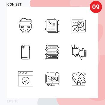 9 Universal Outlines Set for Web and Mobile Applications bookshelf back book android smart phone Editable Vector Design Elements