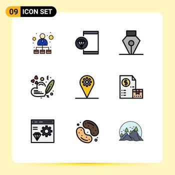 9 Universal Filledline Flat Color Signs Symbols of location wedding programming pen heart Editable Vector Design Elements