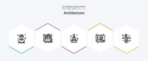 paquete de iconos de arquitectura de 25 líneas que incluye compilación. Plano. construcción. herramienta. Brújula vector