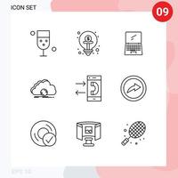 Pictogram Set of 9 Simple Outlines of sync cloud funding mobile device Editable Vector Design Elements