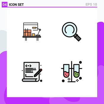 Set of 4 Modern UI Icons Symbols Signs for workplace programming table search lab test tubes Editable Vector Design Elements