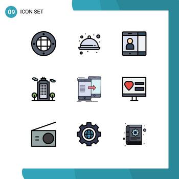 Mobile Interface Filledline Flat Color Set of 9 Pictograms of sync data mobile environment cology Editable Vector Design Elements
