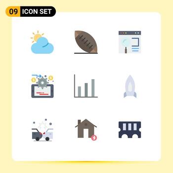 Mobile Interface Flat Color Set of 9 Pictograms of spaceship up search graphic online evaluation Editable Vector Design Elements