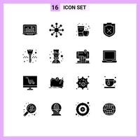 Set of 16 Vector Solid Glyphs on Grid for ignition key warning apple shield juice Editable Vector Design Elements