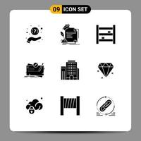 Mobile Interface Solid Glyph Set of 9 Pictograms of quest map agreement game interior Editable Vector Design Elements