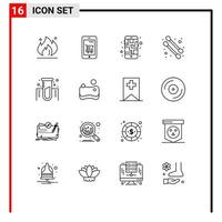 Pack of 16 Modern Outlines Signs and Symbols for Web Print Media such as lab chemistry basket cotton swab route Editable Vector Design Elements