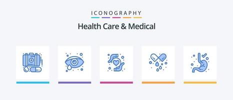 paquete de íconos azules 5 médicos y de atención médica que incluye. gastroenterología. la salud del corazón. digestión. tableta. diseño de iconos creativos vector