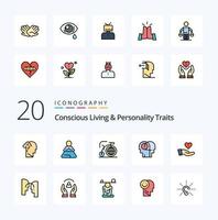 20 Concious Living And Personality Traits Line Filled Color icon Pack like charity hearing yoga communication inspiration vector