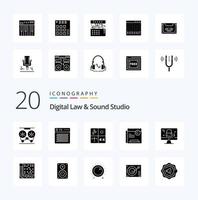 20 Digital Law And Sound Studio Solid Glyph icon Pack like restriction copy multimedia process development vector