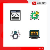 Pack of 4 Modern Filledline Flat Colors Signs and Symbols for Web Print Media such as browser diamond web design gear ring Editable Vector Design Elements