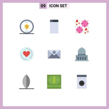 Pictogram Set of 9 Simple Flat Colors of usa city heart building inbox Editable Vector Design Elements