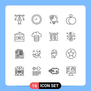 16 Universal Outline Signs Symbols of backup entertainment solution drink bar bar Editable Vector Design Elements