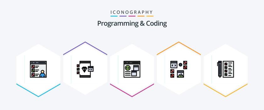 Programación y codificación Paquete de 25 íconos de línea completa que incluye . . página. documento. desarrollar vector