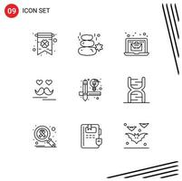 Group of 9 Outlines Signs and Symbols for design moustache online fathers celebrate Editable Vector Design Elements