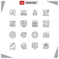 Modern Set of 16 Outlines Pictograph of projector graph helmet chart roller Editable Vector Design Elements