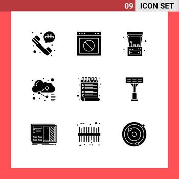 Set of 9 Vector Solid Glyphs on Grid for schedule sharing arcade machine share cloud Editable Vector Design Elements