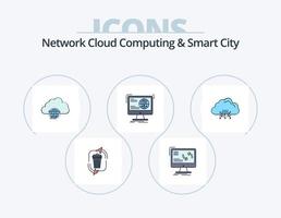 red cloud computing y smart city line pack de iconos llenos 5 diseño de iconos. red. informática. ecología. tecnología. buscar vector