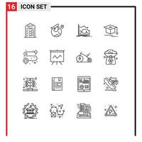 Pack of 16 Modern Outlines Signs and Symbols for Web Print Media such as point education job cap market Editable Vector Design Elements