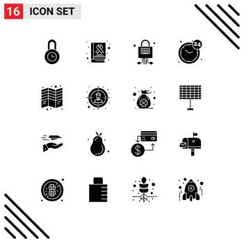 User Interface Pack of 16 Basic Solid Glyphs of fold brochure locked service hours Editable Vector Design Elements