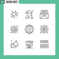 Group of 9 Modern Outlines Set for drink gear university cogwheel envelope Editable Vector Design Elements