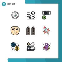 Mobile Interface Filledline Flat Color Set of 9 Pictograms of shop front buildings belt smile face Editable Vector Design Elements