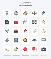 Creative Basic Ui Elements 25 Line FIlled icon pack  Such As charg. media. brightness. back. play vector